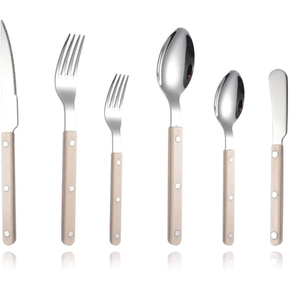 NovaBreeze 6-Piece Stainless Steel Silverware Cutlery Set, ABS Faux Wood Riveted Handle Flatware, Retro Sabre Style, Includes Knife/Fork/Spoon/Teaspoon/Salad Fork/Spreader(Beige white)