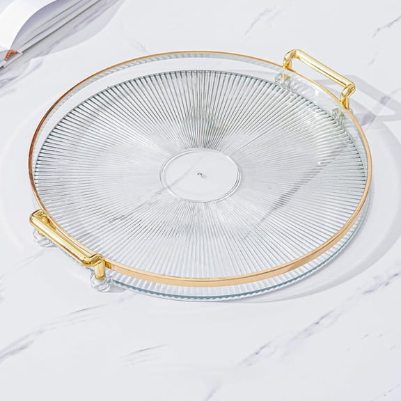 NovaBreeze Round Ribbed Acrylic Serving Tray, Clear with Gold Metal Rim, Clear