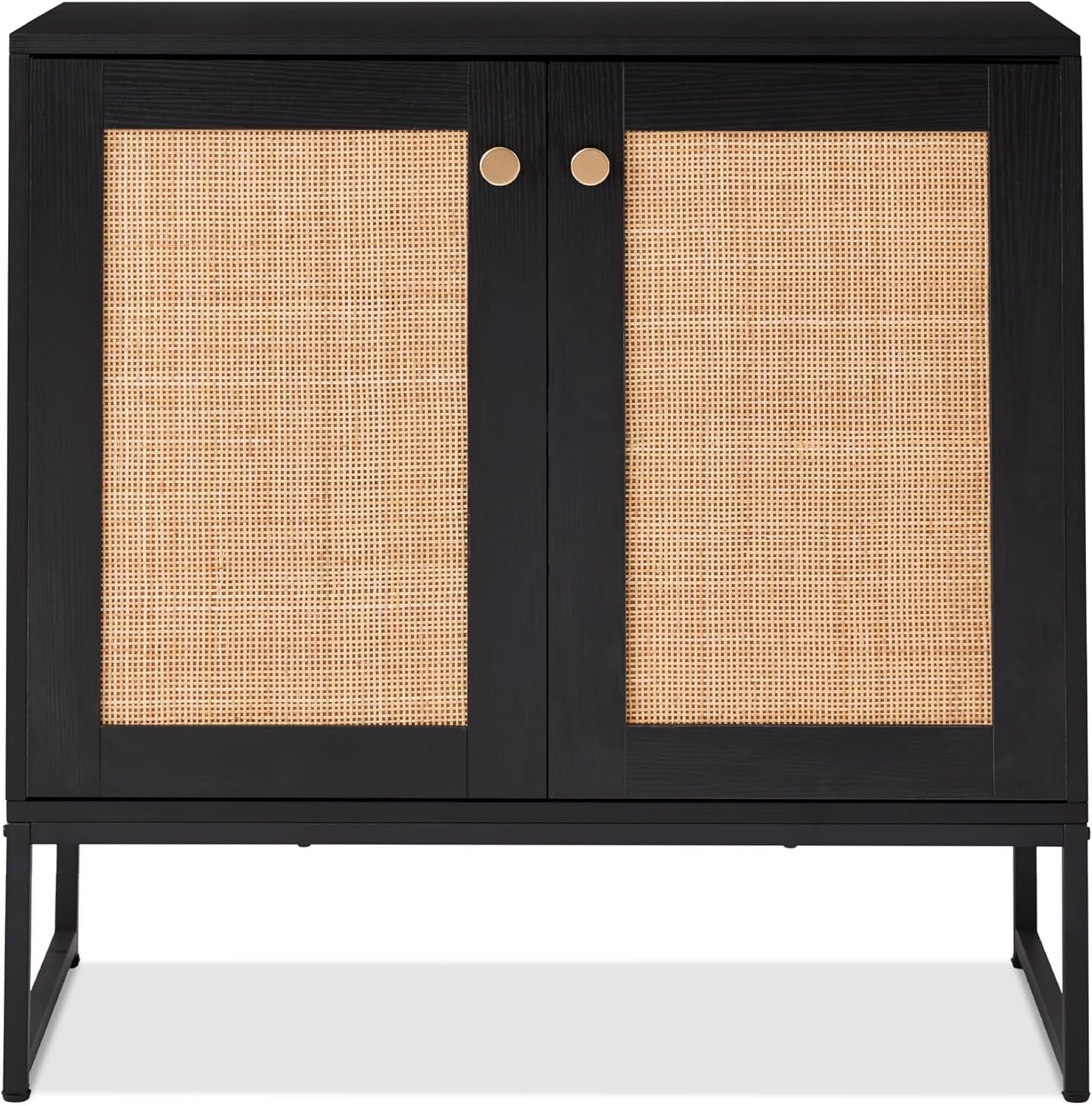 Black and Rattan 2-Door Storage Cabinet with Elevated Legs