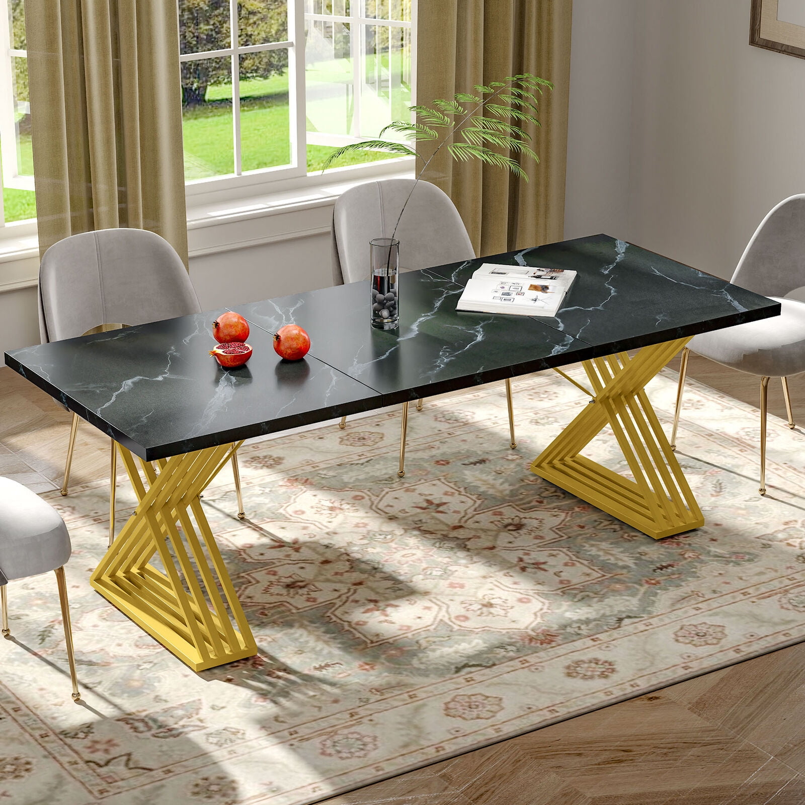 Black Faux Marble Rectangular Dining Table with Gold Metal Legs