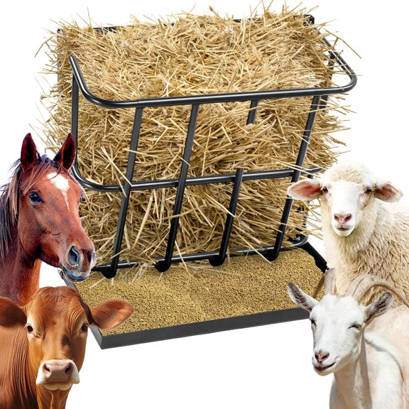 NovaCraft Hay Feeder 2 in 1 Hay Rack, Wall Mount Goat Horse Feeders, Heavy Duty Steel Hanging Feeders with Detachable Grain Tray for Farm Livestock Goat Sheep Grain Indoor Outdoor Uses