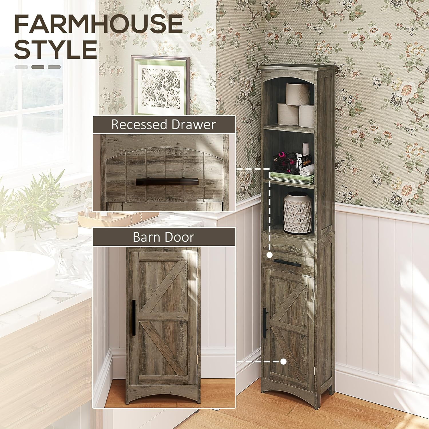 NovaCraft Tall Bathroom Storage Cabinet, Farmhouse Narrow Bathroom ...