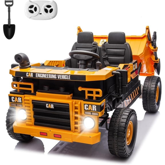 NovaDrive 12V 7Ah 2-Seater Ride On Dump Truck with Remote Control, 2WD, 4-Wheel Suspension, Toy Shovel, Bluetooth Music, LED Lights, Suspension Spring, Ages 3+