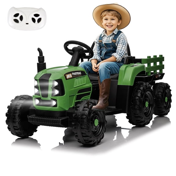 NovaDrive 24V 400W Kids Ride On Tractor with Trailer, Parent Remote Control, 3-Speed Adjustable, Power Display, Bluetooth MP3 USB, LED Lights, 2-Point Safety Belt