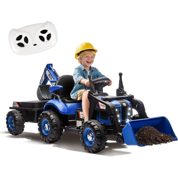 NovaDrive 24V Kids Ride On Electric Tractor with 4-in-1 Construction Attachments (Excavator, Dump Truck, Bulldozer), Parent Remote Control, 3-Speed Adjustable, Built-in Music, LED Lights