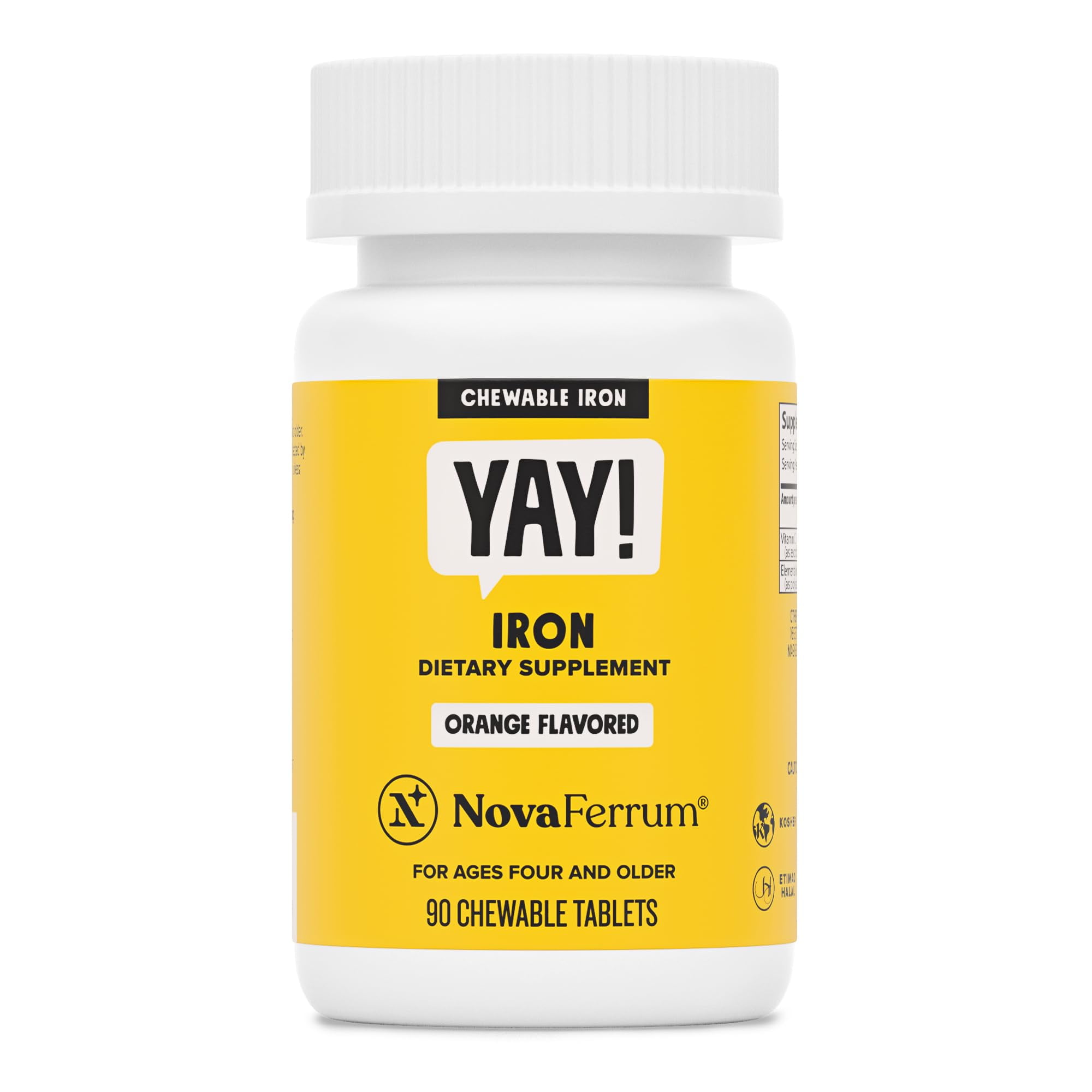 NovaFerrum Yay | Chewable Iron Supplement for Kids & Adults for Anemia | 18mg of Iron | 90 Servings | Sugar Free | Vegan | Gluten Free | Orange Flavor