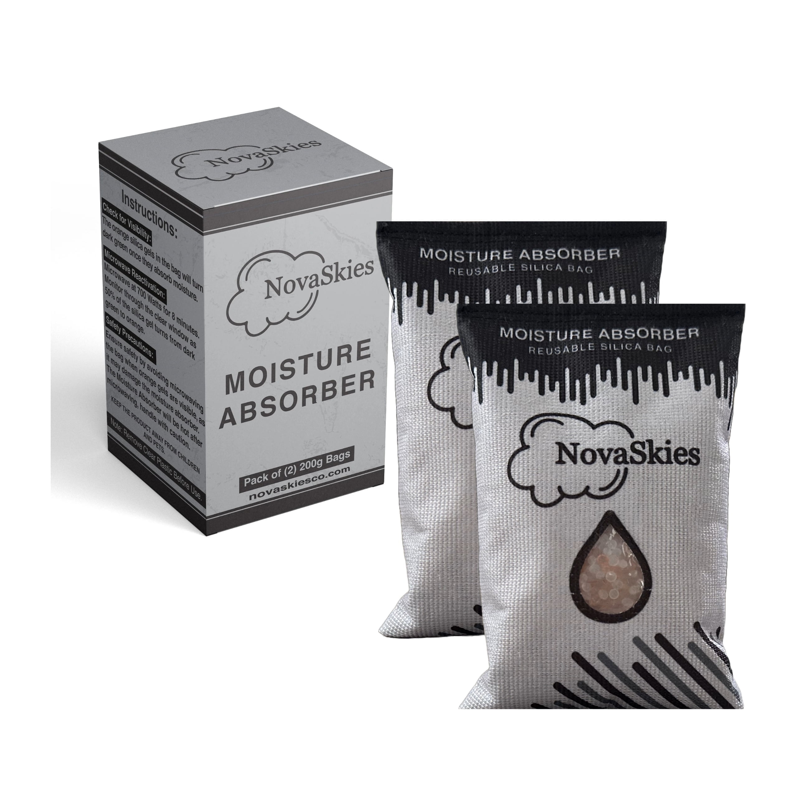NovaSkies Moisture Absorber Desiccant Bags, Dehumidifier 2-Pack (200g Each)