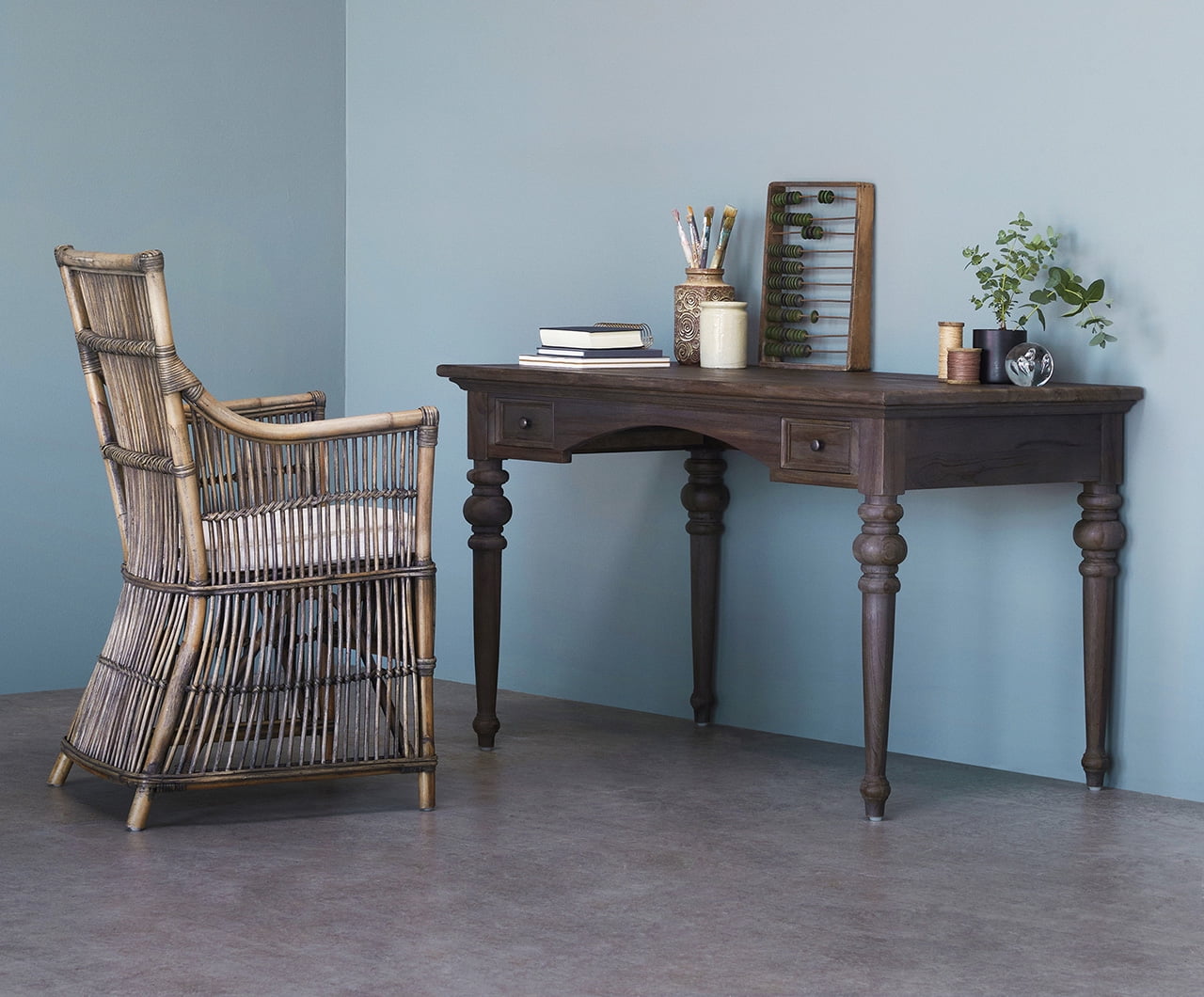Hygge Solid Teak Writing Desk with Dual Storage Drawers in Natural Brown