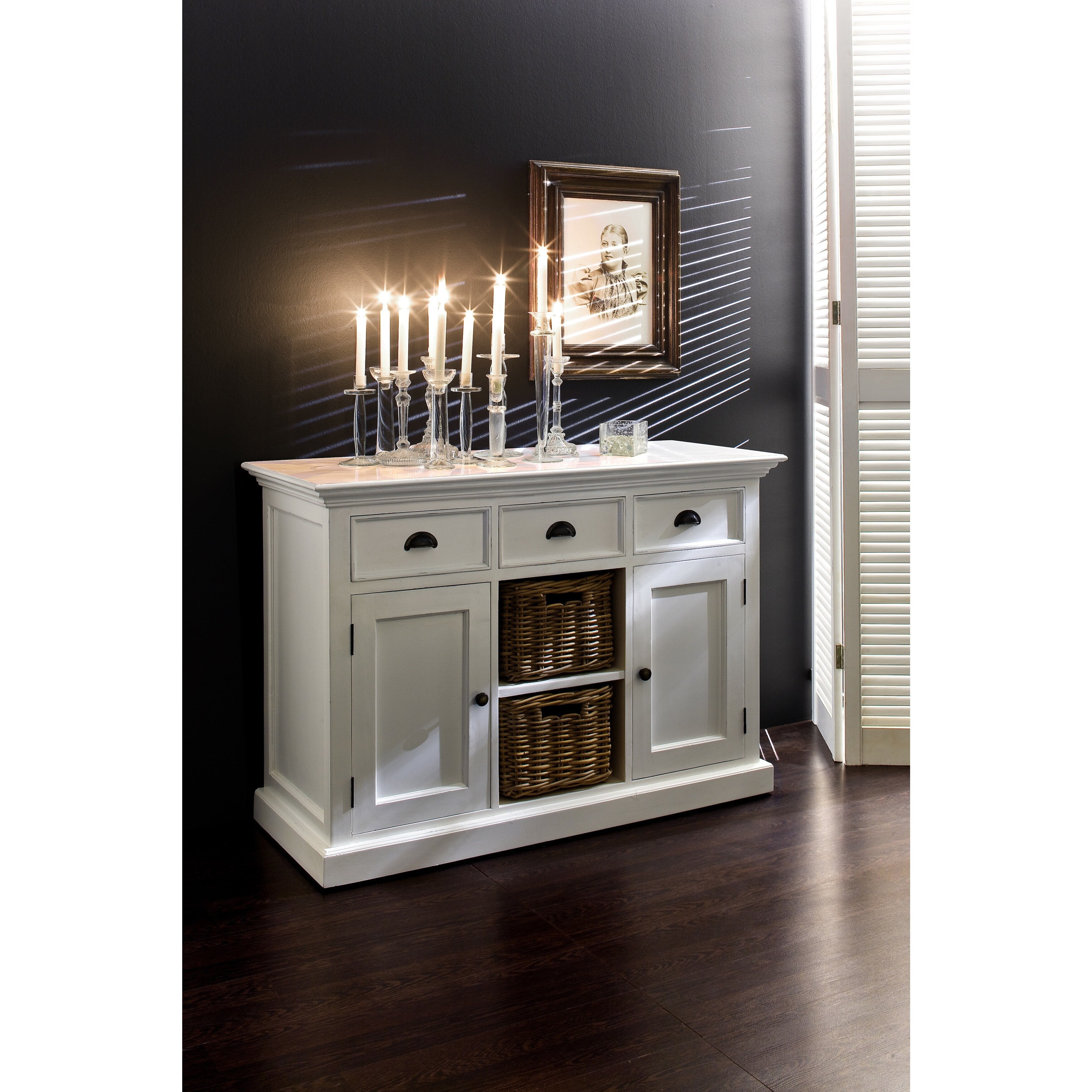 Classic Halifax Pure White Buffet with Hand-Woven Baskets and Shelves