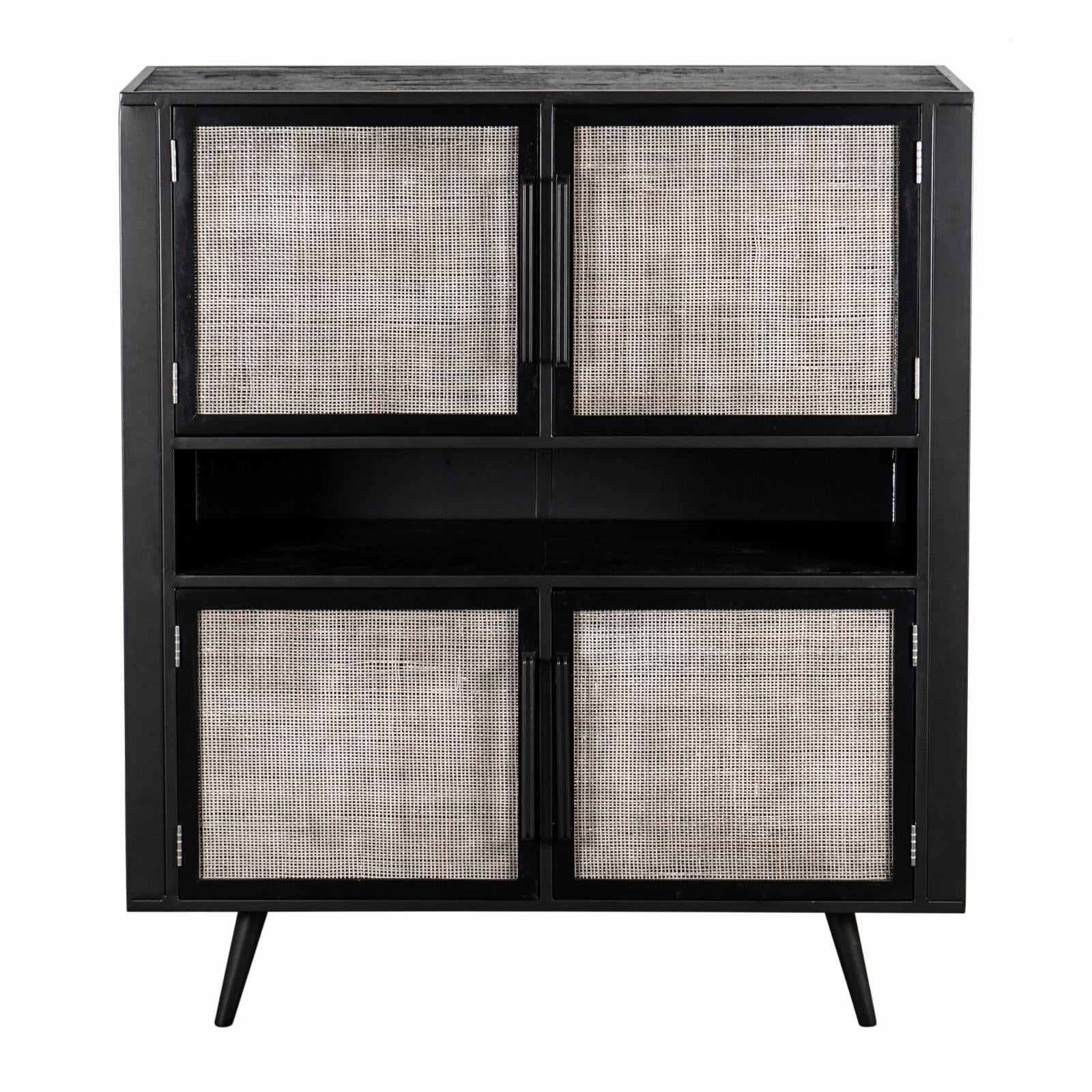 Nordic Black Painted Buffet with Handwoven Rattan Doors & Shelving