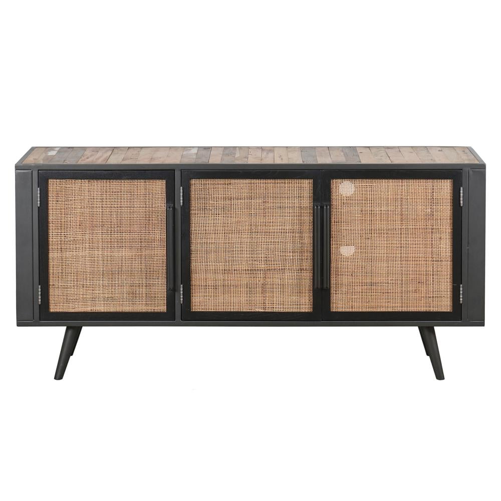 Black Reclaimed Boat Wood and Rattan TV Stand with Cabinet