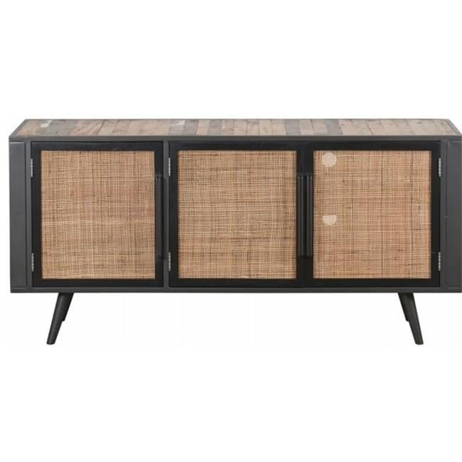 Black Reclaimed Boat Wood and Rattan TV Stand with Cabinet