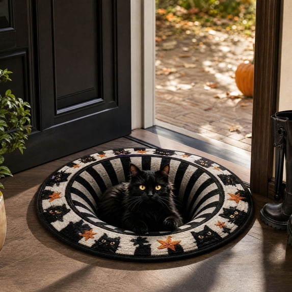 NovaStitch 3D Optical Illusion Halloween Rug 16in Round Floor Mat with Black Cat Design Halloween Door Mat for Living Room Entryway Holiday Decoration Soft Non-Slip Carpet