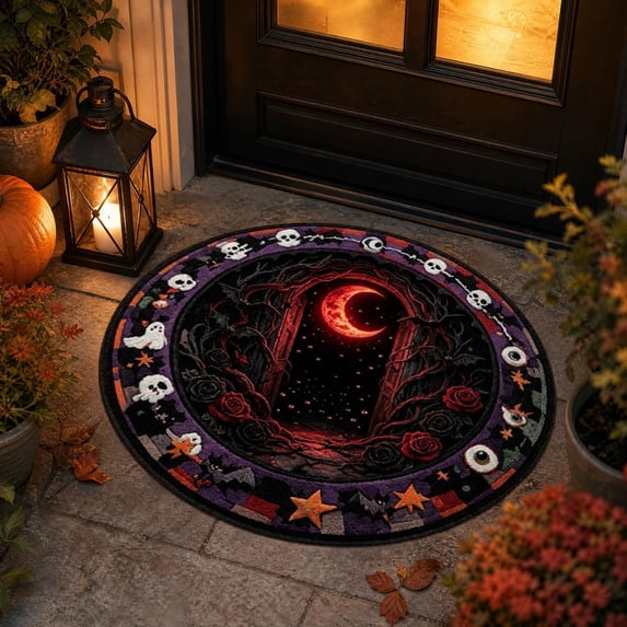 NovaStitch 3D Optical Illusion Halloween Rug 16in Round Floor Mat with Magic Gate Design Halloween Door Mat for Living Room Entryway Holiday Decoration Soft Non-Slip Carpet