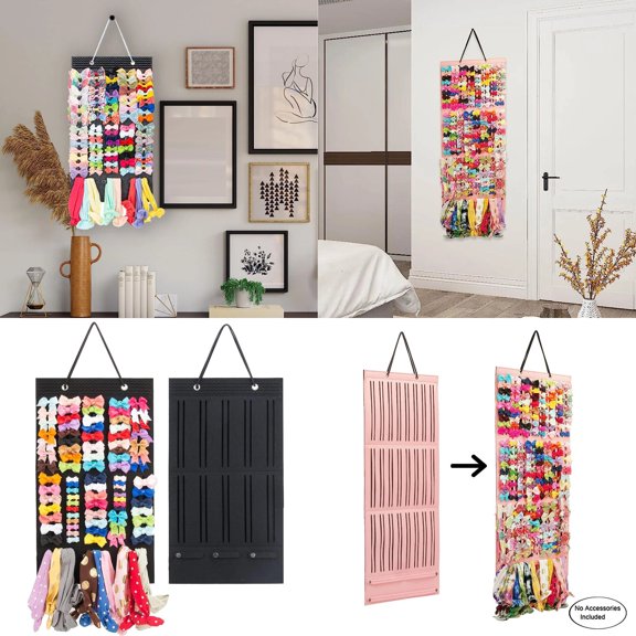 NovaStitch Bow Holder Wall Hanging Fabric Hair Accessory Storage Organizer Multiple Ribbon Compartments Hair Clip Storage Rack With Removable Hair Bow Storage Section Black