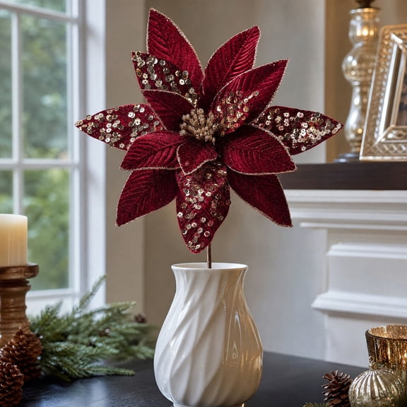 NovaStitch Christmas Poinsettia Decoration, 11.02 Inch Artificial Poinsettia Flower, Burgundy Christmas Flower with Glitter, Fake Poinsettia for Christmas Tree Decor Floral Decor for Home