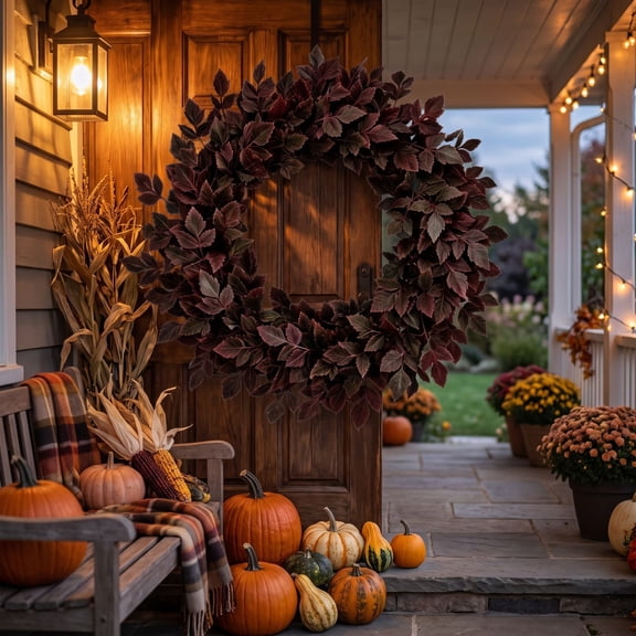 NovaStitch Fall Trumpet Vine Wreath 21.65in Artificial Autumn Leaf Garland for Halloween Thanksgiving Front Door Window Yard Decor