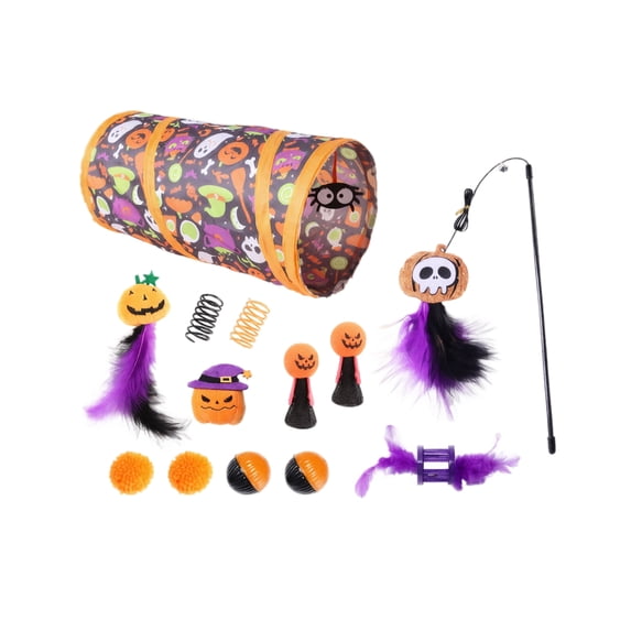 NovaStitch Halloween Cat Toy Set, Collapsible Cat Tunnel and Wand Toy Combo, Interactive Cat Toys with Pumpkin Wand, Halloween Cat Toy Pack with Balls and Springs, Fun Cat Play Set for Cats