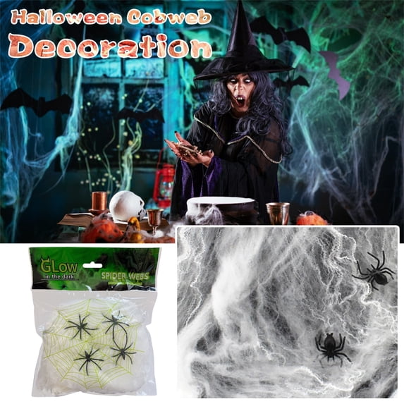NovaStitch Halloween Spider Web Decor Glow-in-the-Dark Spider Web Stretchable Cotton Spiderwebs Fake Spiders for Halloween Decorations Indoor Party Prop Spooky Scene Decoration