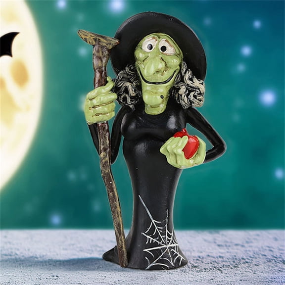 NovaStitch Halloween Witch Figurine Resin Green-Faced Witch Statue with Black Dress Broom Prop for Party Tabletop Halloween Decor Home Shelf Ornament
