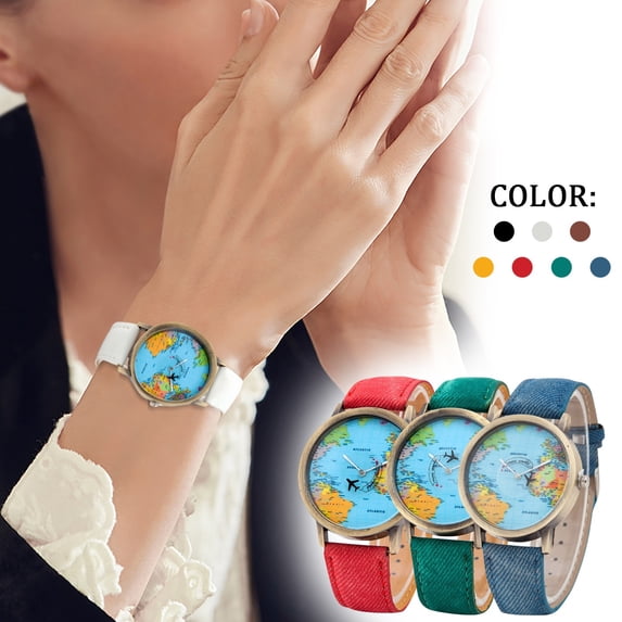 NovaStitch Men's Denim Fabric Watch with World Travel Map Dial Pattern Casual Quartz Analog for Daily Wear