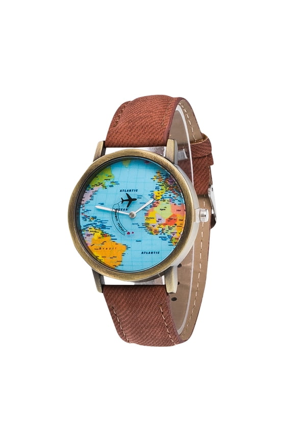Men's Denim Fabric Watch with World Travel Map Dial Pattern Casual Quartz Analog for Daily Wear