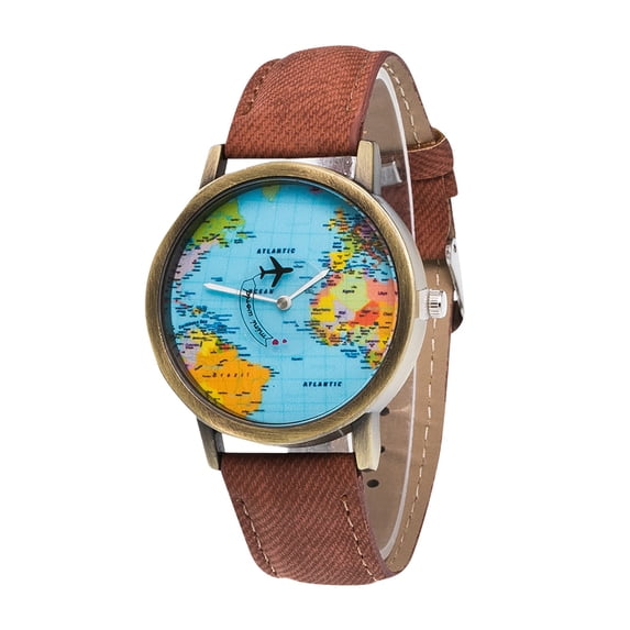 NovaStitch Men's Denim Fabric Watch with World Travel Map Dial Pattern Casual Quartz Analog for Daily Wear