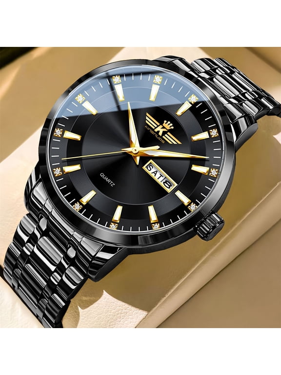 Men's Watches, Stainless Steel Quartz Watches for Men, Black Dial Analog Wrist Watch with Day Date, Fashion Business Watch with Bracelet, Luxury Men's Watch for Gifts