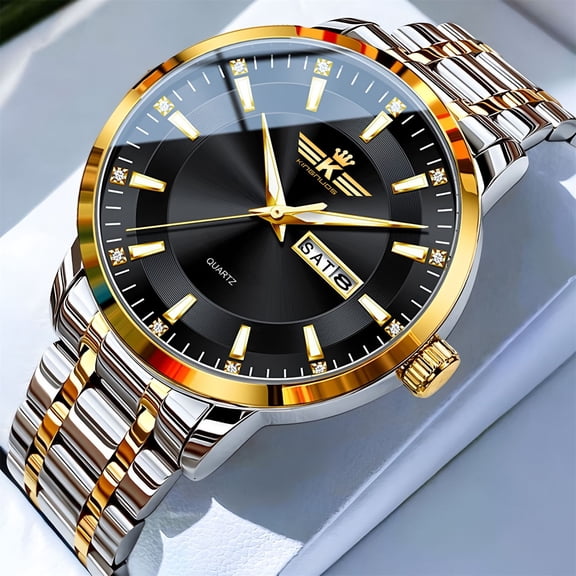 NovaStitch Men's Watches, Stainless Steel Quartz Watches for Men, Black Dial Analog Wrist Watch with Day Date, Fashion Business Watch with Bracelet, Luxury Men's Watch for Gifts