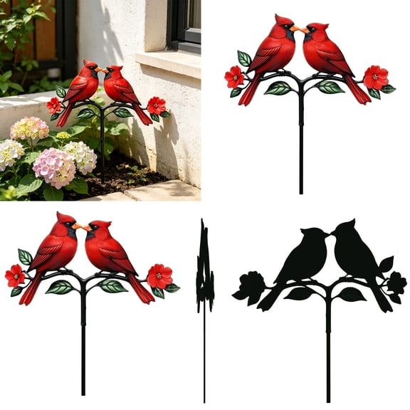 NovaStitch Rustic Metal Red Cardinals on Branch Stake Decor Weatherproof Iron Bird Figurine for Patio Landscape Decoration