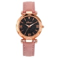 thumbnail image 1 of NovaStitch Unisex Glow Frosted Leather Strap Watch with Starry Sky Roman Numeral Dial, Fashion Casual Quartz Wristwatch for Men Women, Black Faux Leather Band Wrist Watch - Pink, 1 of 5