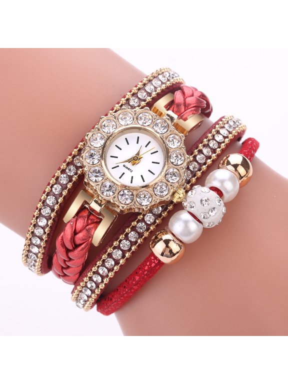 Women's Bracelet Watch, Bangle Watches for Women, Fashion Quartz Wrist Watch with Rhinestone and Pearl Bracelet, Ladies Dress Watch Jewelry Set, Women Watches Jewelry Accessory