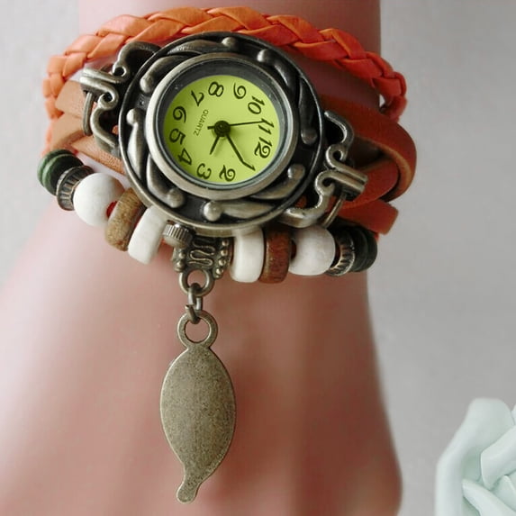 NovaStitch Women's VintageLeather Wrap Bracelet Watch Leaf Charm Pendant Analog Quartz for Ladies Boho Jewelry Gift
