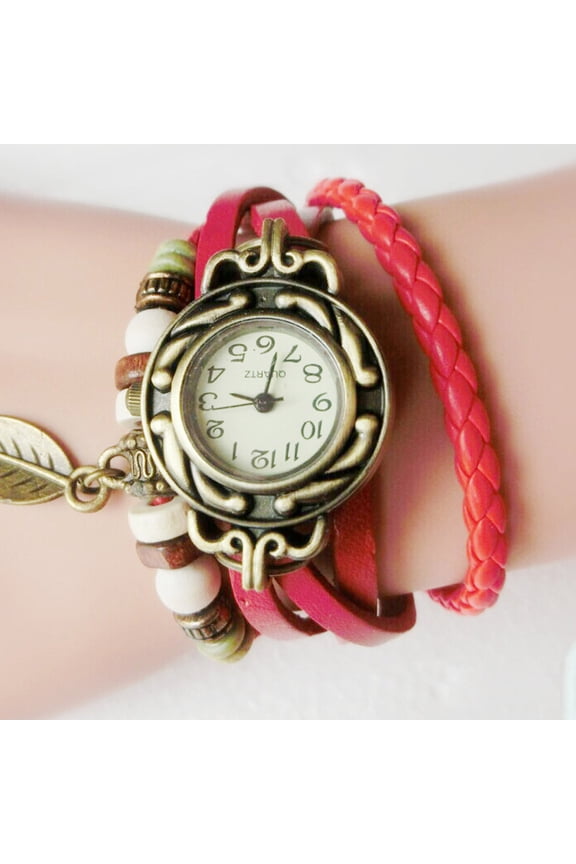 Women's VintageLeather Wrap Bracelet Watch Leaf Charm Pendant Analog Quartz for Ladies Boho Jewelry Gift