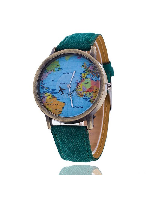 World Map Watch, Vintage Leather Strap Quartz Watch with Airplane Second Hand, Unisex Travel Watches for Women, Fashion Map Dial Wrist Watch with Leather Band, Novelty Watch Gift