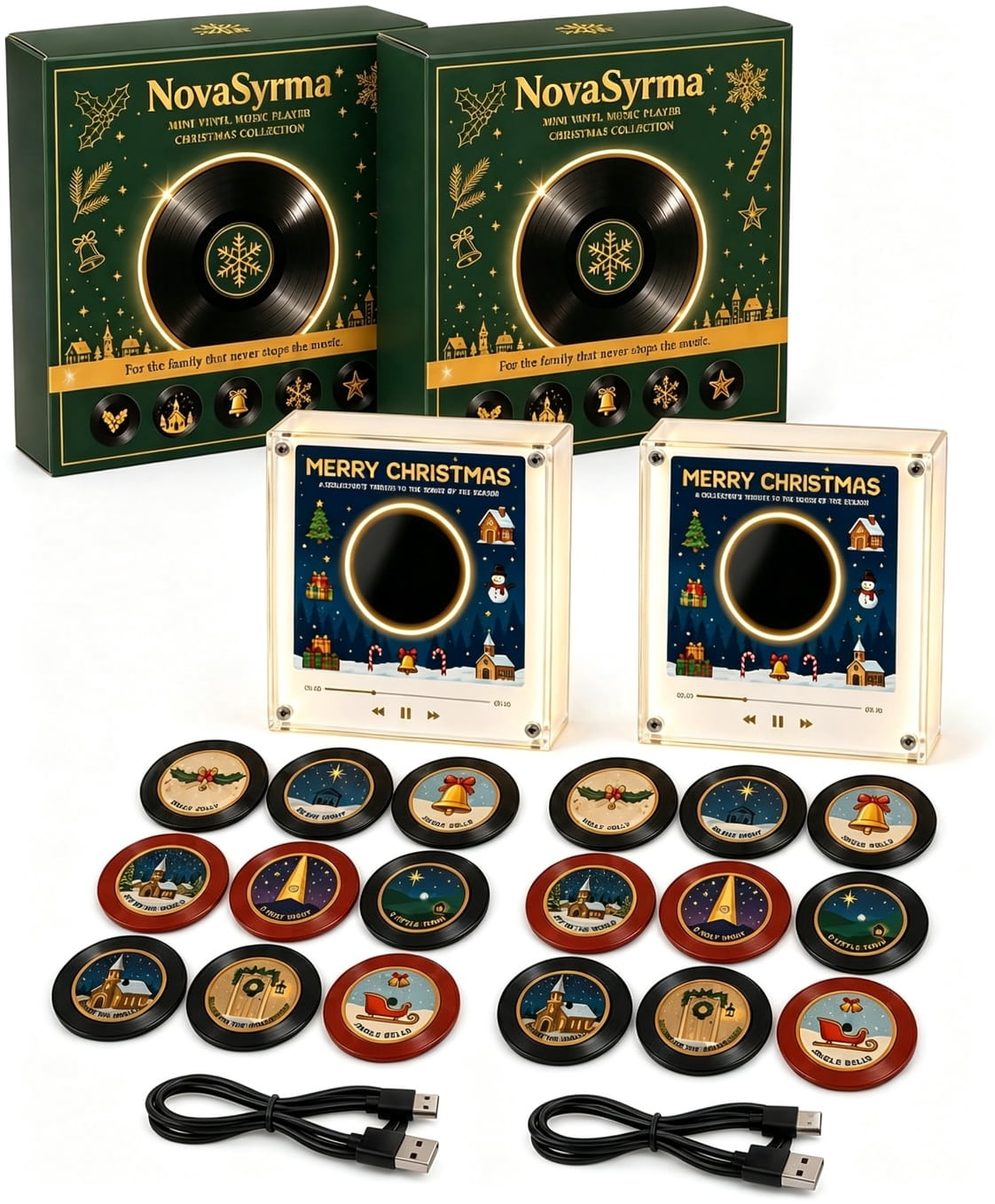 NovaSyrma Magnetic Fridge Vinyl Music Box Christmas, Magnetic Vinyl Player for Fridge, with 9 Vinyl Style Discs and USB C,  Festive Compact Accessory for Kitchen Office Bedroom