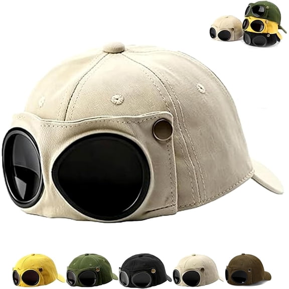NovaSyrma Pilot Goggles Baseball Cap, Vintage Goggles Hat Attached Sunglasses, Casual Style, Sunshade for Outdoor Wear