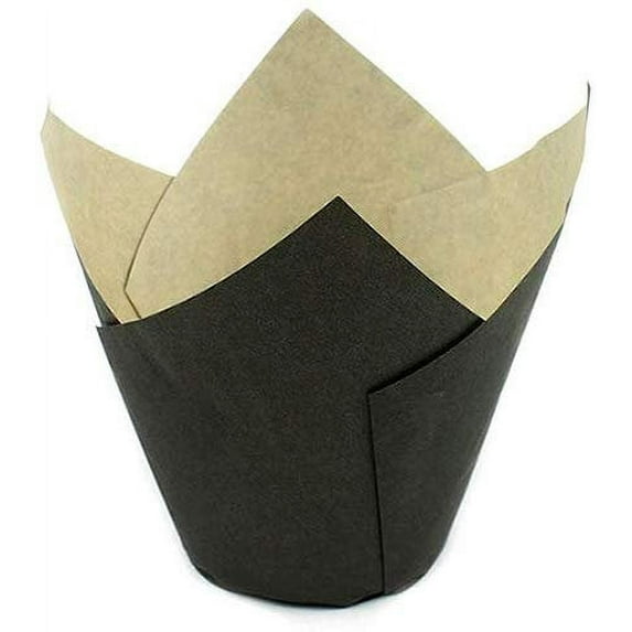 Novacart 160/50 Elite Grease-Proof Tulip Cup 2" Base Diameter x 2.13" High to 3.5" High, with Ecru Interior and Black Exterior - Pack of 200