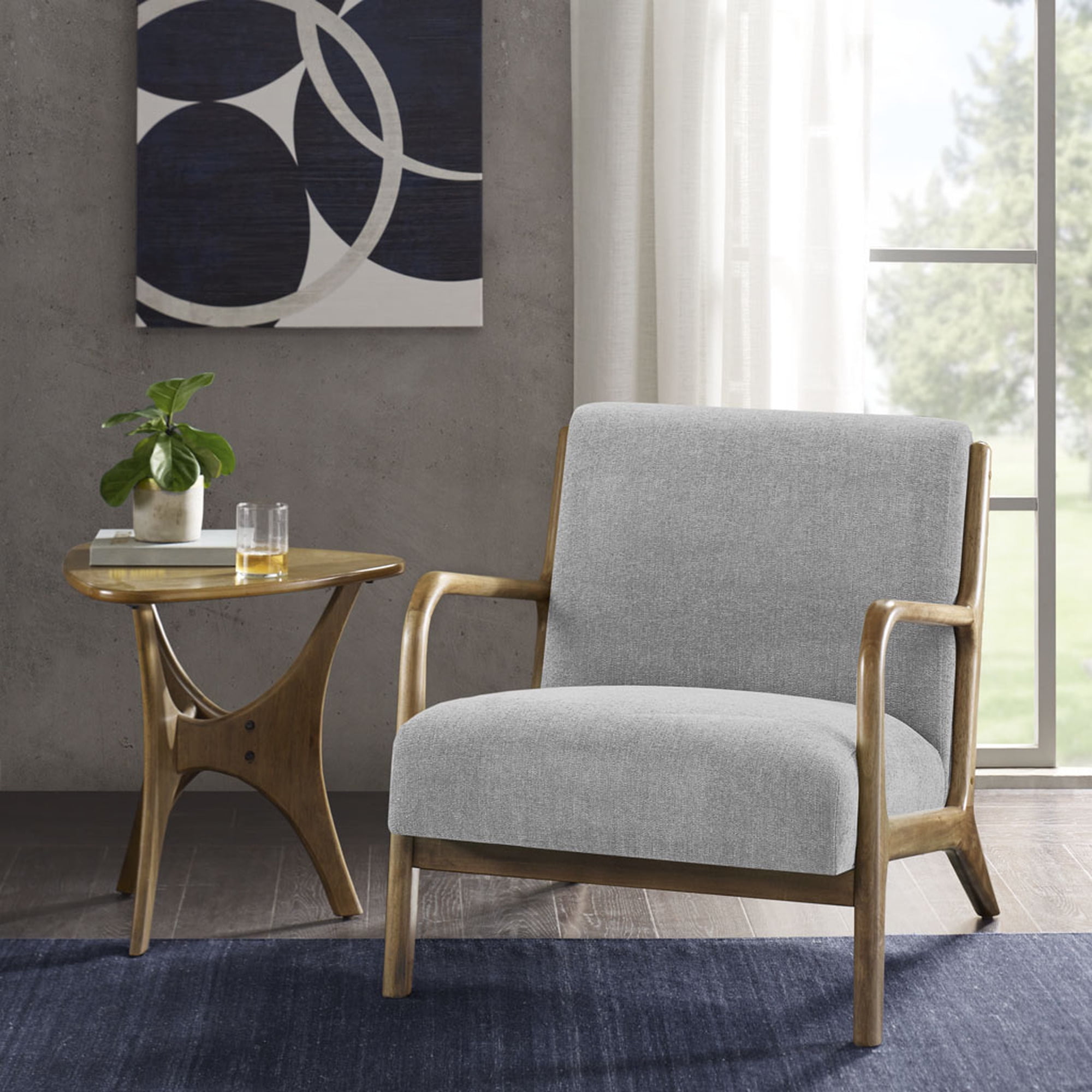Mid-Century Elmwood Frame Accent Chair in Textured Gray