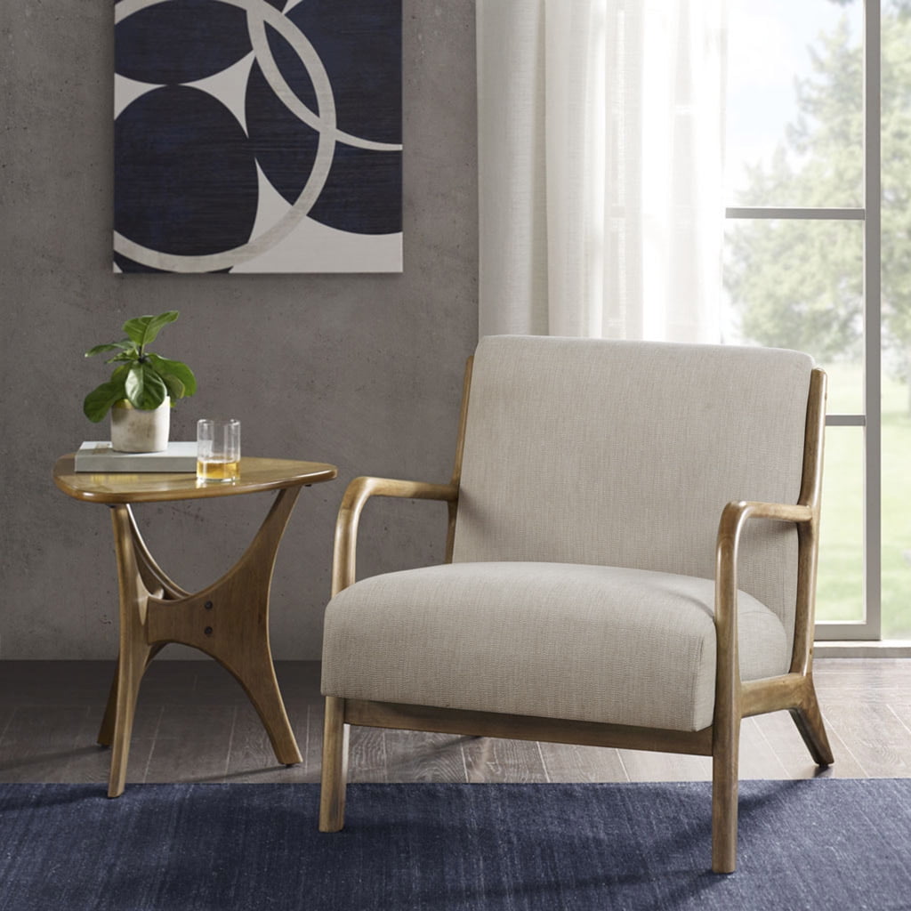 Cream Upholstered Wood Frame Mid-Century Accent Chair