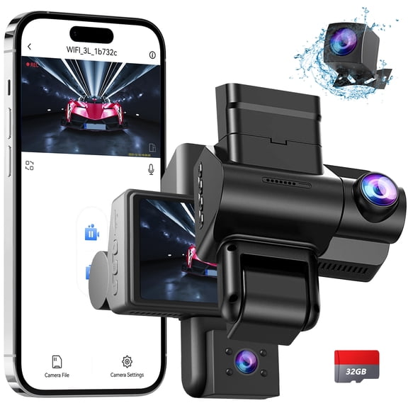 Novaretro 3 Channel Dash Cam 2K Front 1080P Inside Rear WiFi Car Camera, 64GB SD Card, Night Vision, G-Sensor Loop Recording Motion Detection Dashcam for Rideshare & Family Cars