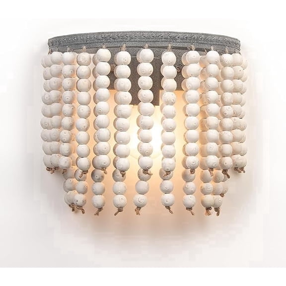 Novaretro Boho White Wood Bead Wall Sconce, Farmhouse Decor Wall Lamp(not include bulb)