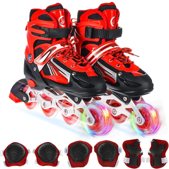 Novashion, Adjustable Inline Skate Combo Set with Illuminating Wheels, Beginner Outdoor Roller Skates for Kids, Boys and Girls, Blue and Pink