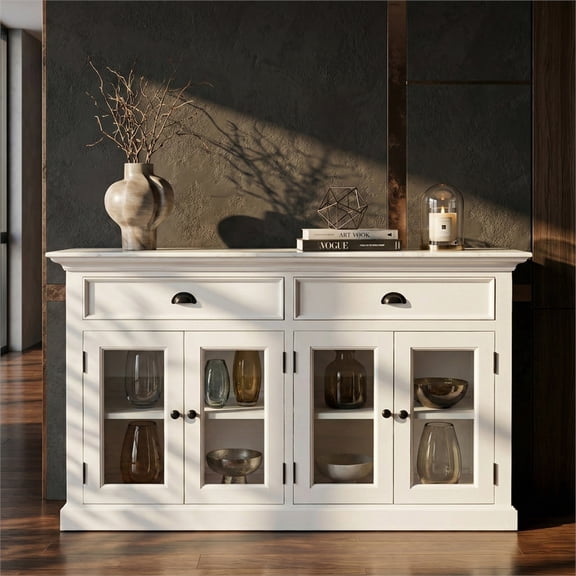 Novasolo Halifax Mahogany Wood Classic Buffet with Glass Doors in White