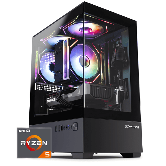 Novatech Prism Pro+ Prebuilt Gaming PC Desktop Computer - RTX 5060 - Ryzen 5 - 4.2GHz - 32GB RAM - 1TB M.2 SSD WiFi/BT, Win 11 - Gaming Computer Tower - Pre Built PC Gaming - 1 Year Warranty