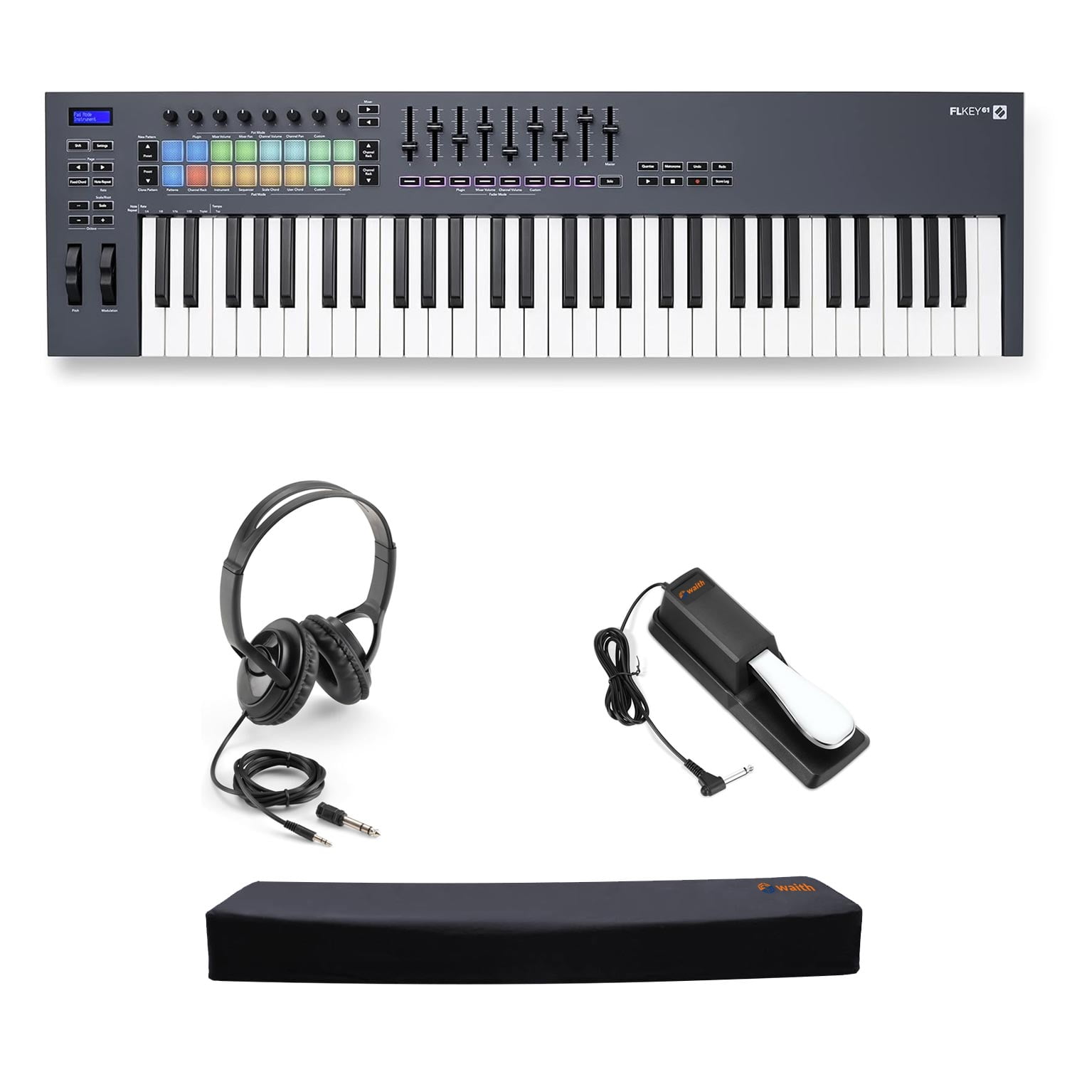 Novation FLkey 61-Key USB MIDI Keyboard Controller for FL Studio Perfect for Music Production & Beat Making with Over Ear Audio Headphones, Waith Sustain Pedal & Keyboard Cover Bundle