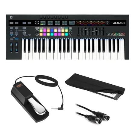 Novation SL MKIII Midi and CV Electronic Keyboard Controller (49-Note Keyboard) with Sustain Pedal, Cover, & Cable