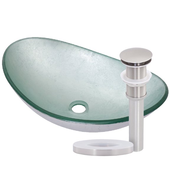 Novatto ARGENTO TIG-7032-8031BN Fluorescent Silver Foil Painted Glass Vessel Sink, Brushed Nickel Pop-Up Drain, Mounting Ring