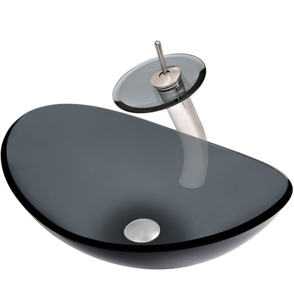 Novatto Bigio NSFC-324G001BNS Oval Clear Smoke Grey Glass Vessel Sink Combo Set, Brushed Nickel 4-Piece