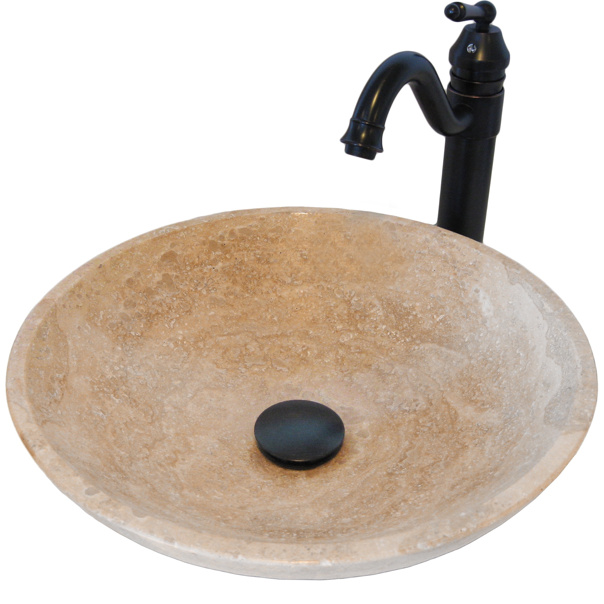 Novatto NSFC-BT359ORB Beige Travertine Stone Vessel Set w/ Faucet and Umbrella Drain, Oil Rubbed Bronze